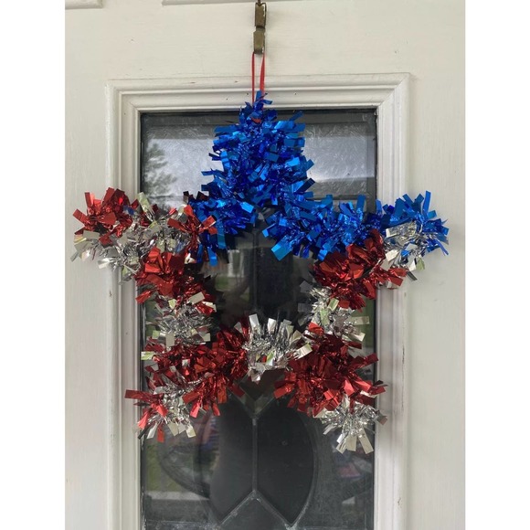 American Flag Red Silver Blue Tinsel Star Door Wreath Wall Sign Decor - Picture 1 of 2
